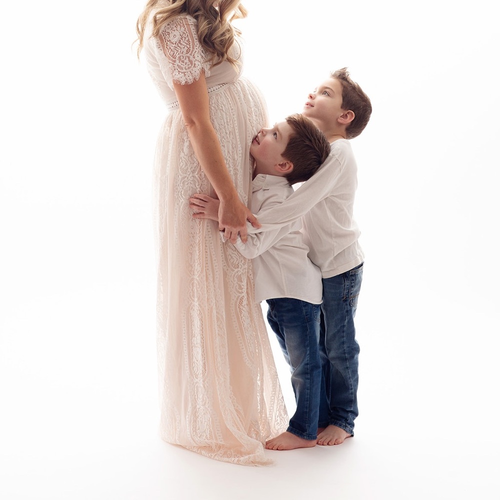 GORGEOUS white lace maternity engagement wedding photo shoot boho style dress